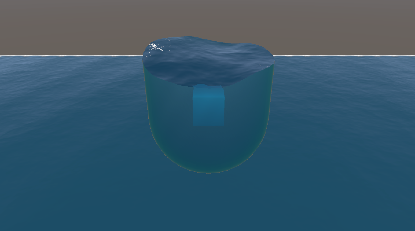 WebGPU Ocean — a water chunk: a self-contained rounded body of water floating in dry air above the sea, with its own wavy top surface, a meniscus at the waterline and a submerged cube visible through the shell