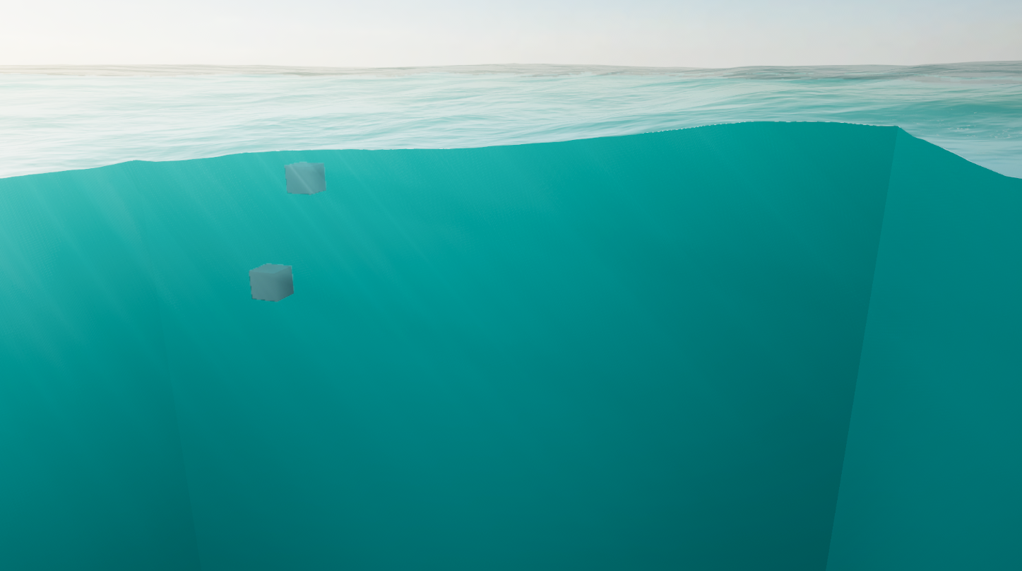 WebGPU Ocean — the cut seen from inside the dry region: the exclusion wall reads as a solid slab of water rather than a hole, with crates suspended in the body beyond it