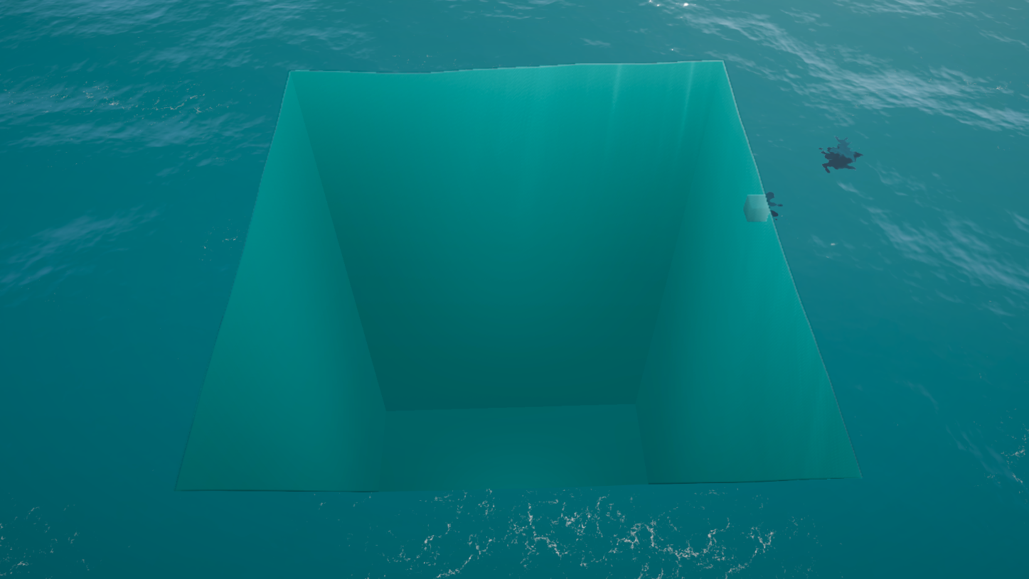 WebGPU Ocean — a box-shaped exclusion volume seen from above: the ocean surface is discarded inside the region and shaded water walls step down the cut, leaving a dry pit in the open sea