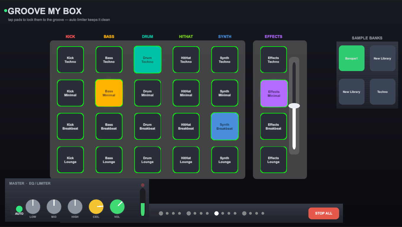 GrooveMyBox — hardware-style groove box with a grid of glowing sample pads