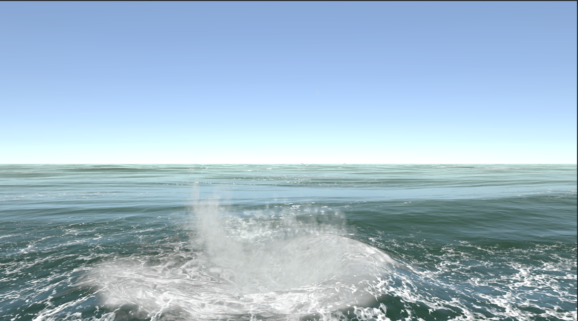 WebGPU Ocean — an impact throwing up a column of splash particles and droplet spray, ringed by whitewater foam spreading out over the swell