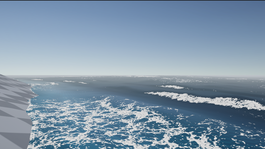 WebGPU Ocean — waves steepening over the rising seabed and breaking into whitewater foam that washes up the beach slope