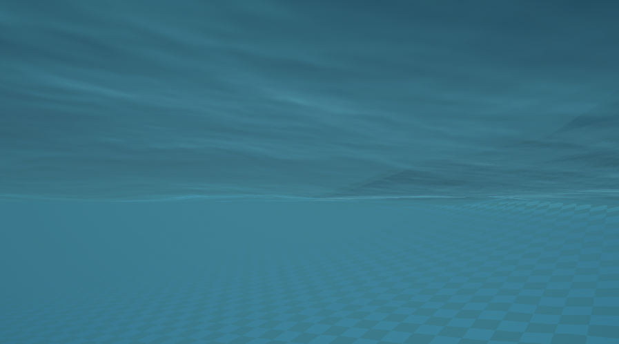 WebGPU Ocean — underwater view lit by refracted god rays and caustics fading into blue depth fog above the seabed