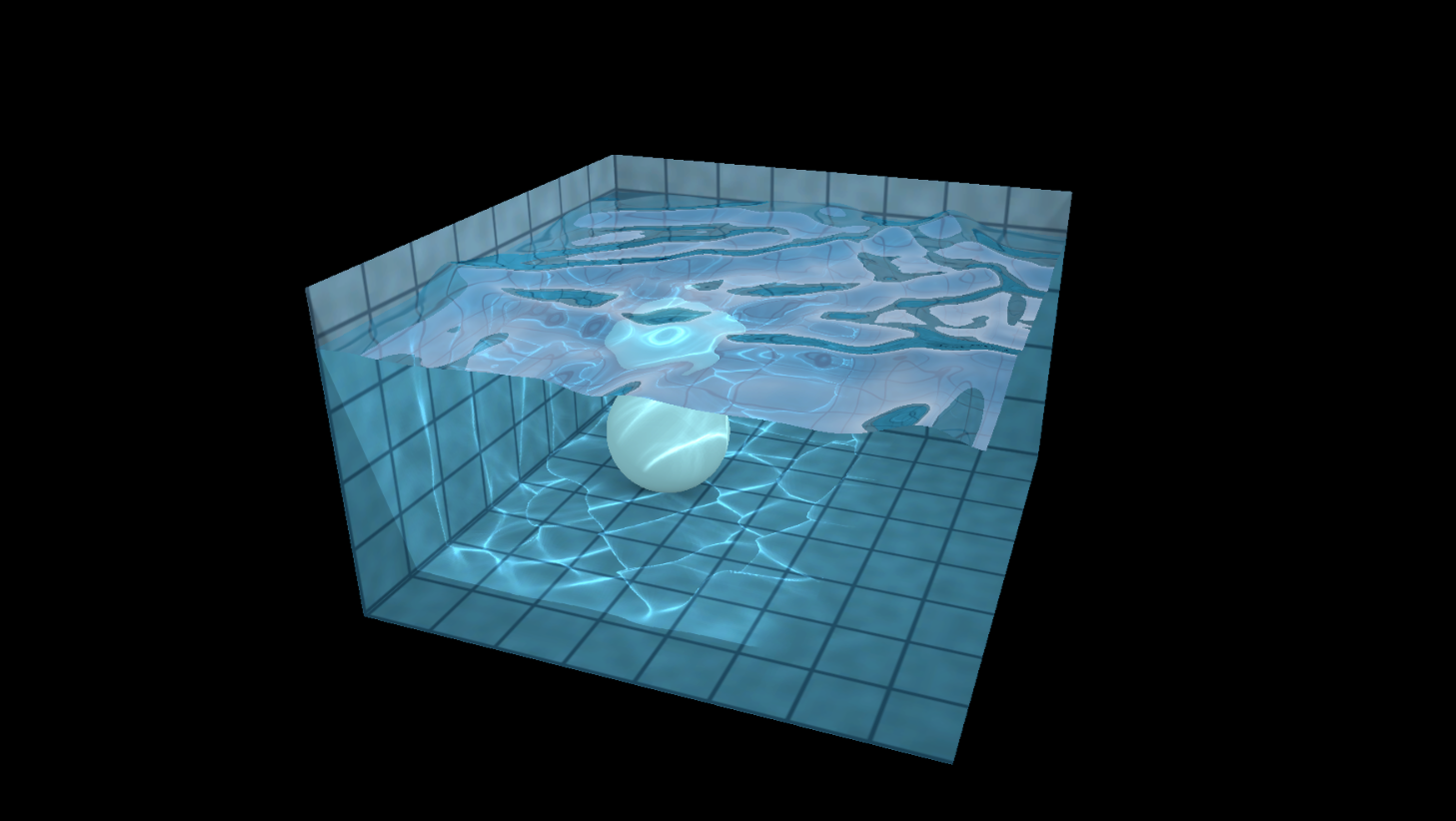 Unity6 WebGPU Water — a tiled pool with a floating ball and caustics projected on the floor