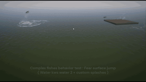 Boids-style fish schooling in a Unity water scene — a startled school scatters and breaks the surface, throwing wakes and splashes